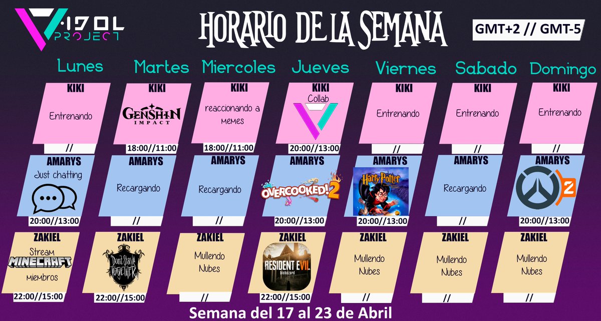 VirtualProyects's tweet photo. Horario semanal de V-Idol Proyect (17/4 al 23/4).
Esta semana habrá collab de #Overcoocked2 de V-Idol Project en el canal de @KikiNingamer. No os lo perdais!
#Vtuber #VtuberUprising https://t.co/hvN5szCZXh