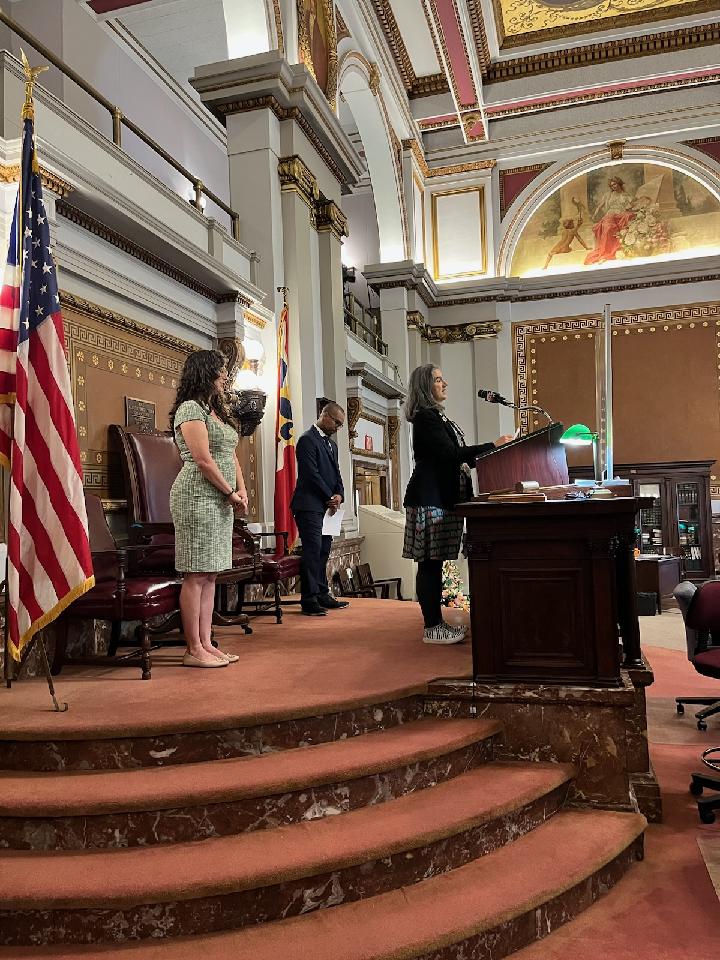 chryssi's tweet photo. .@STLpubLibrary's Lisa Throrp reads from Maya Angelou's I Know Why the Caged Bird Sings to open the first day of the new session of the Board of Aldermen. https://t.co/JL8qJTsaLT