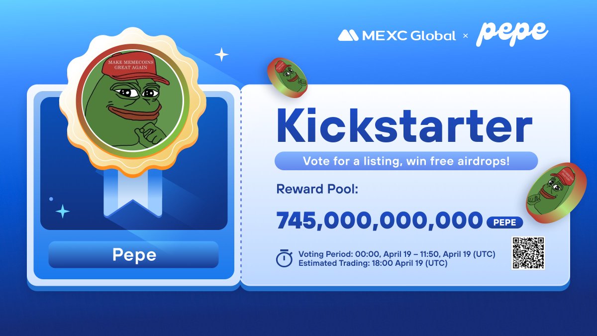 The <a href="/pepecoineth/">Pepe</a> Kickstarter is coming to #MEXC!

🗳️Vote with $MX to support the $PEPE listing and to share 745,000,000,000 $PEPE airdrops  
⏰Voting period: 00:00 Apr 19 - 11:50 Apr 19 (UTC)    📈Trading: 18:00 Apr 19 (UTC)    

Details: bit.ly/3LaBYjO 

#Pepecoin