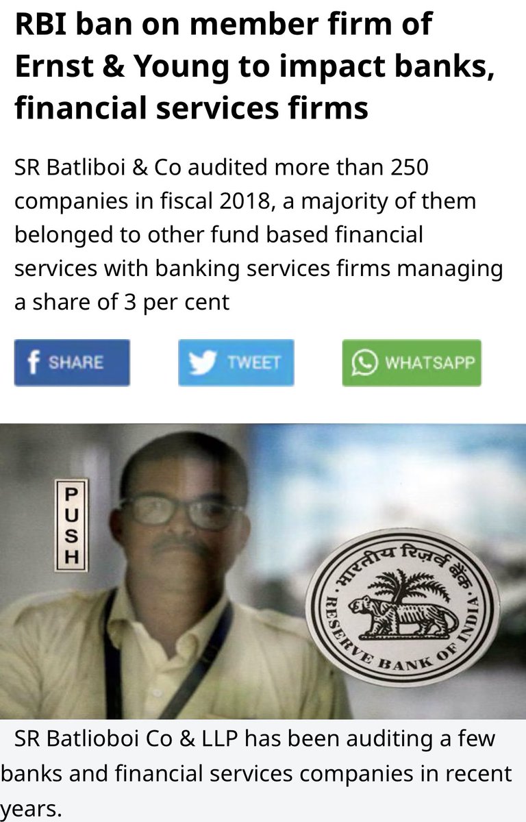 இந்திய ரிசர்வ் வங்கி (RBI), EY உறுப்பினர் நிறுவனமான SR Batliboi & Co LLP, ஒரு வருடத்திற்கு வணிக வங்கிகளைத் தணிக்கை செய்ய தடை விதித்துள்ளது. சட்டப்பூர்வ தணிக்கையில் ஏற்பட்ட குறைபாடுகள் காரணமாக, ஏப்ரல் 1, 2019 முதல் வங்கிகளைத் தணிக்கை செய்வதிலிருந்து நிறுவனம் தடைசெய்யப்பட்டது.