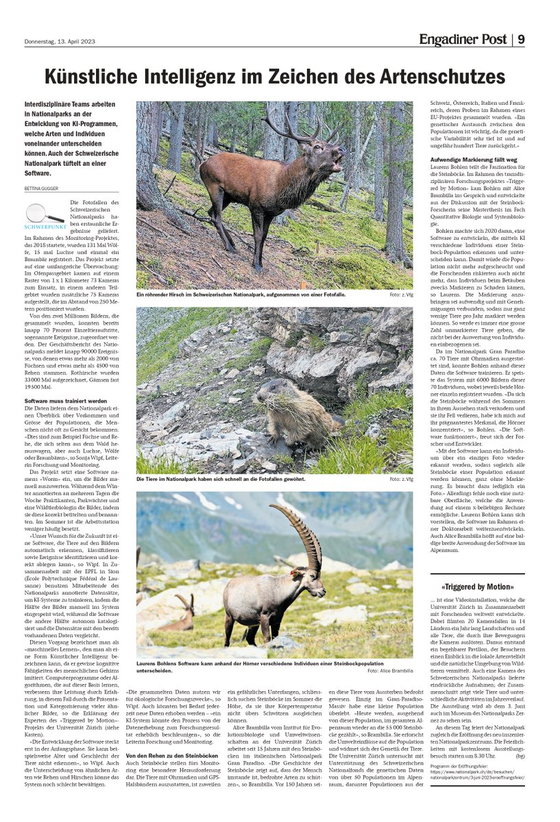 Triggered by Motion has sparked a research project <a href="/uzh_science/">UZH Science</a> that has resulted in an #AI application that can recognize individual ibex. It was recently covered by <a href="/engadinerpost/">Engadiner Post</a>: engadinerpost.ch/2023/04/12/Kue… (abo) More here: triggeredbymotion.com/locations/gran… #ConservationTechnology <a href="/UZH_en/">University of Zurich</a>