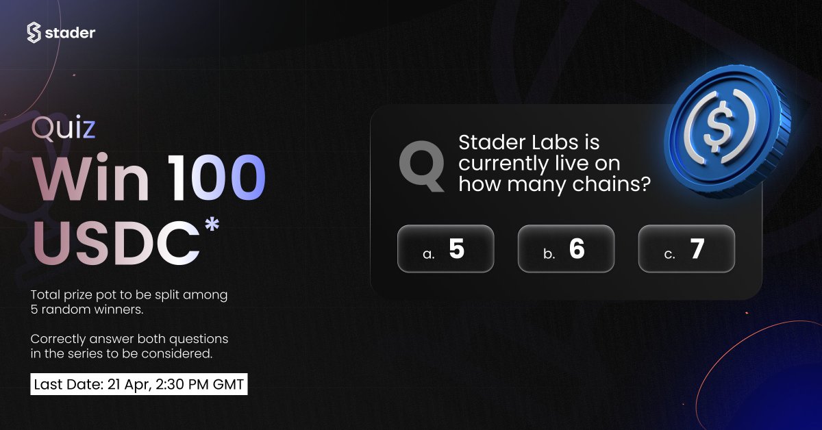Hey #Stader Fam!

It's time for a fun #quiz series.🤓
Win $100 USDC in 3 simple steps:

📝 Answer the question below
🕵️ Follow <a href="/staderlabs_eth/">Stader Ethereum</a> 
🔄 RT this tweet.

We'll select 5 winners overall for a reward of $20 USDC each. Last date to participate: 21 Apr

Let's get cracking!