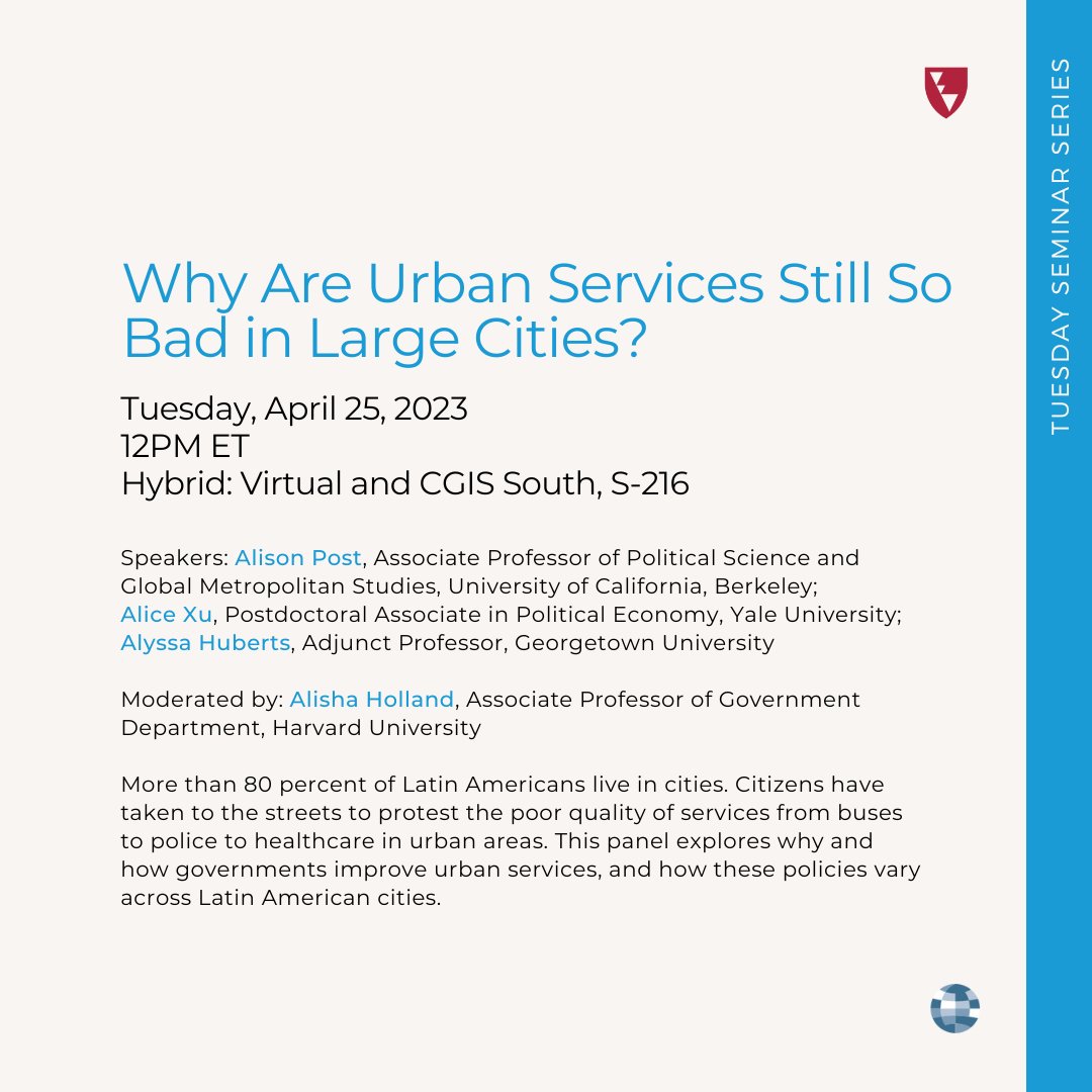 HarvardDRCLAS's tweet photo. 04/25 @ 12PM EDT: Why Are Urban Services Still So Bad in Large Cities?

More than 80 percent of Latin Americans live in cities. This panel explores why and how governments improve urban services, and how these policies vary across Latin American cities.

https://t.co/pnj7CIpi5o https://t.co/hdSTTEzp0S