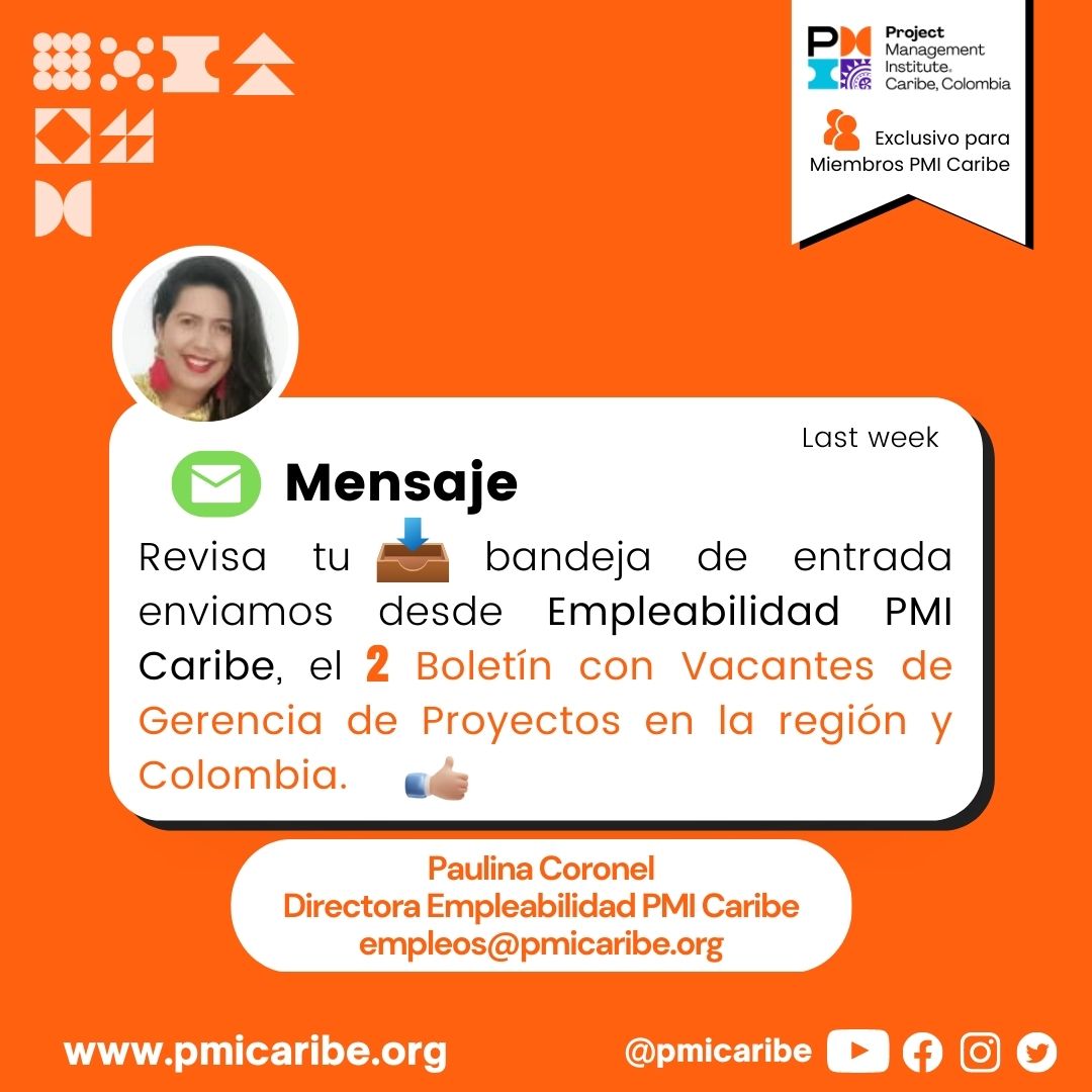 pmicaribe's tweet photo. #Onlymembers ⚠️RECUERDA estamos enviando oportunidades laborales con tu perfil profesional al correo que tienes registrado en tu membresía. Revisa tu 📤📤 de entrada, spam o no deseados y habilita el correo para que disfrutes de este beneficio #ComunidadPMCaribe #empleabilidad https://t.co/Z1FDvBNVVZ