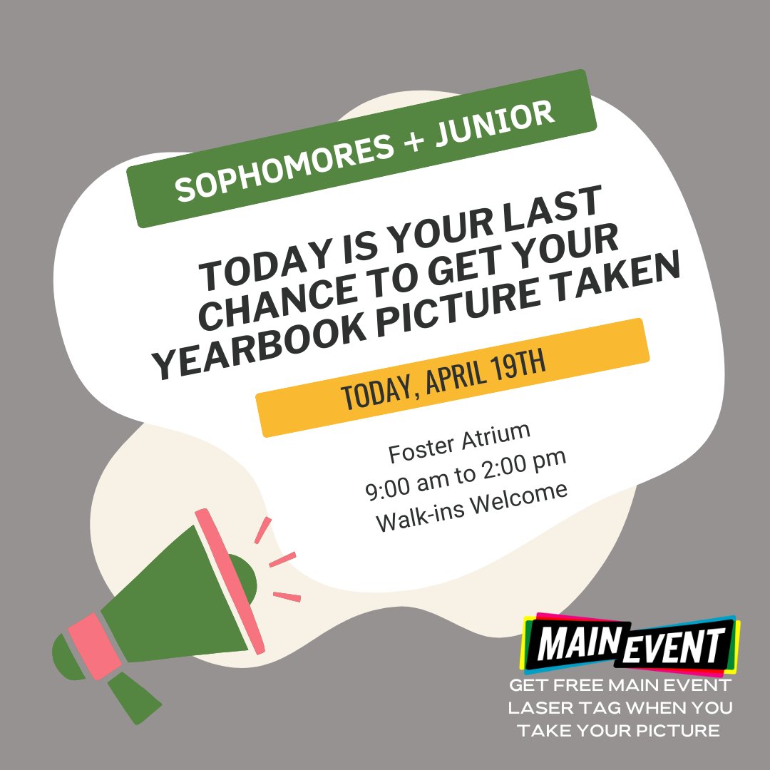 BURoundUp's tweet photo. SOPHOMORES + JUNIORS! Today is the FINAL CHANCE to be in the Baylor Roundup Yearbook! Get free Main Event laser tag when you get your picture taken.

Come see us before it's too late!
TODAY, April 19th at Foster Atrium. Walk-ins welcomed!
#saycheese #baylorroundup #MainEvent https://t.co/YQKlUgZQUO