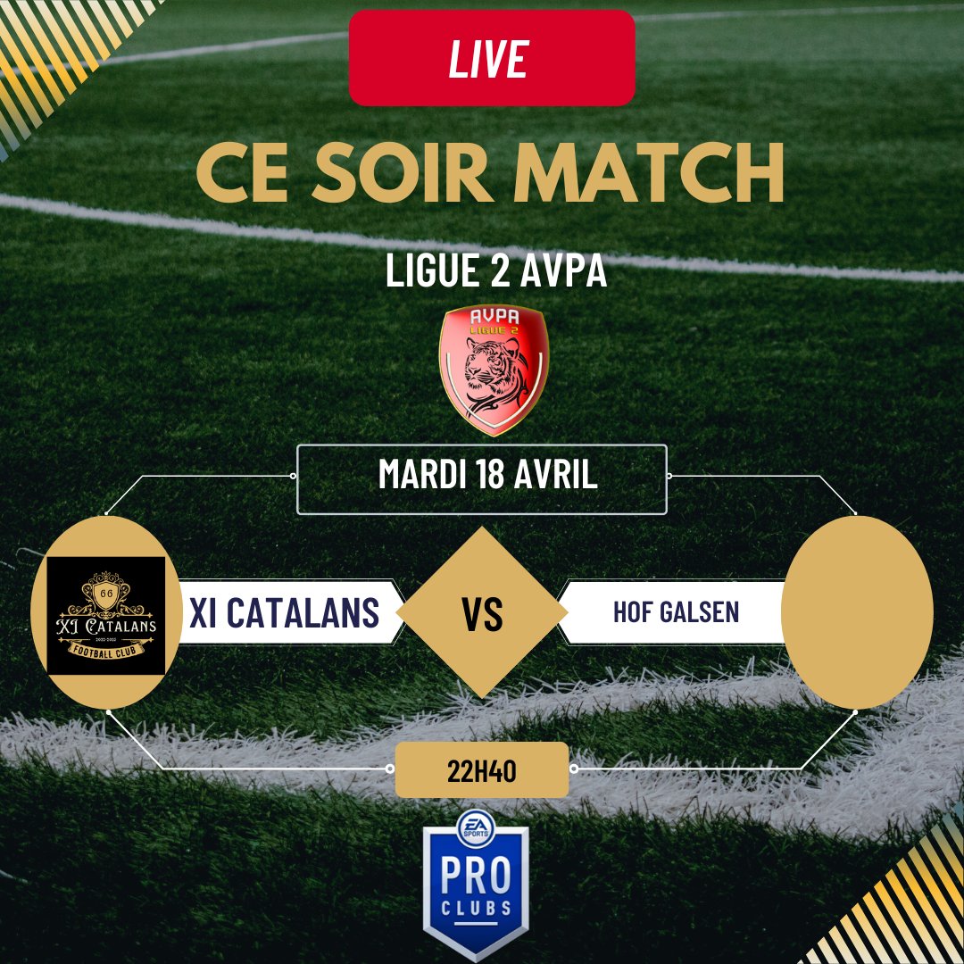 Bonsoir à tous, les XI Catalans pour leur première rencontre en CFA @Hulk_Champions c'est ce soir, nous avons une rencontre en @AVPAFR ligue 2 
Et <a href="/TGP_Events_/">TGP EVENTS</a> CUP 
Go les Catalans 🟡🔴🟡🔴
@Hulk_Champions
<a href="/TGP_Events_/">TGP EVENTS</a>
@AVPAFR
#clubspro 
#FIFA23 
#11vs11 
#ps4
#esport