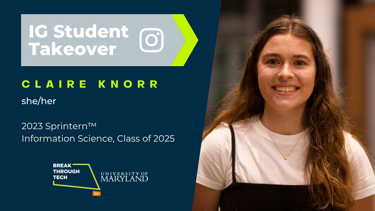 BrkThroughUMD's tweet photo. Tomorrow (4/19),ย @iSchoolUMD sophomore Claire Knorr will be taking over our Instagram story!
A 2023 Sprintern with @AmericanExpress, Claire is @gotechnica Experience Co-Director and will be a #ResidentAssistant in Cecil Hall next year. Follow along: https://t.co/WqfoxaOwNt https://t.co/0HoZkd2tv3