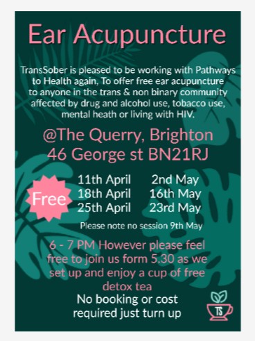 TransSober is working with Pathways to Health to offer free ear acupuncture to anyone in the trans and non-binary community affected by drug and alcohol use, tobacco use, mental health challenges or living with HIV. Available @TheQueeryBTN