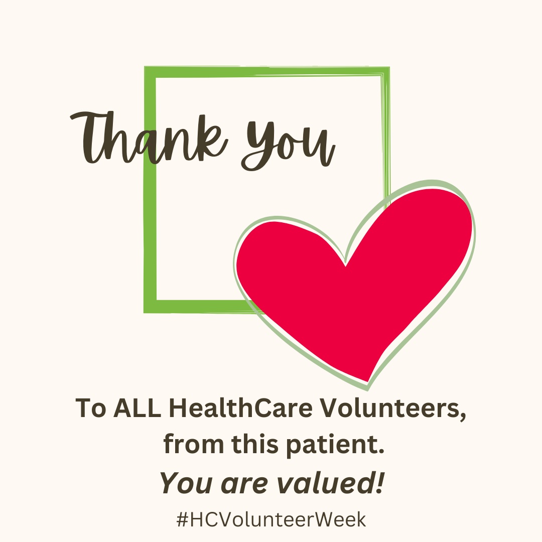 clairehsnyman's tweet photo. Sharing the gratitude this week, HealthCare Volunteers Week #HCVolunteerWeek for all you do. It helps tremendously! Thank you from this patient who appreciates all your time you give to help out ❤️
@BerylInstitute https://t.co/1kSwLaYdSA