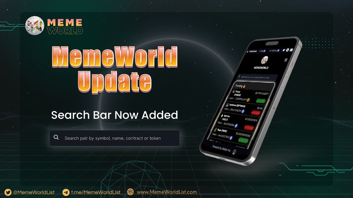 MemeWorldList's tweet image. Update: We have now added a search bar on site so it is easier to find your favorite tokens 🕵🏻

#MemeWorld #Crypto #DeFi