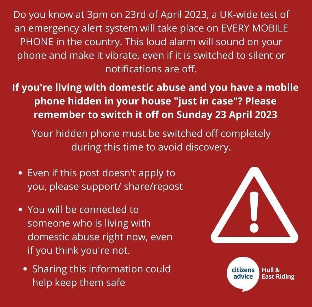 If anyone has a secret mobile 
phone hidden from an abusive partner, 
remember to switch off emergency alerts, 
or the phone will be activated 
with the loud alert on the evening
of 23/04/23 If I post it and it can 
help one UK follower then that’s enough.

#EmergencyAlerts