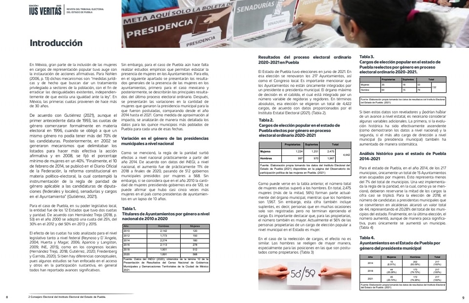 trielecpue's tweet photo. Te invitamos a consultar nuestra revista #IUSVERITAS en su primera edición del 2023.
📝Paridad en Ayuntamientos electos de Puebla. Comparativo Analítico 2014-2021.
✍️🏻Mtro. Miguel Ángel Bonilla Zarrazaga, Consejero Electoral del @Puebla_IEE.

👇🏻https://t.co/tHtixmGfgZ https://t.co/F6MDbvM4Nr