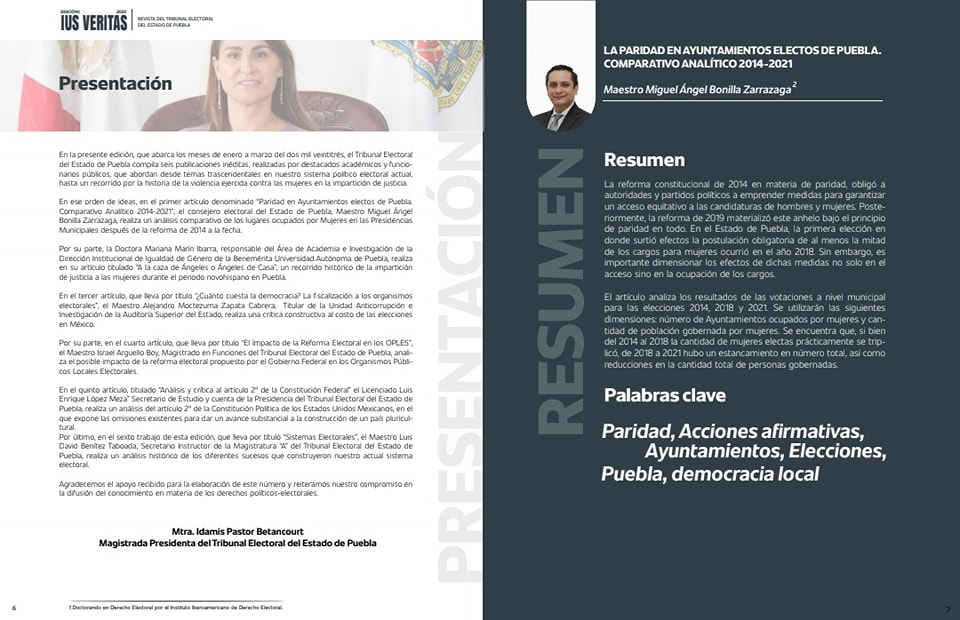 trielecpue's tweet photo. Te invitamos a consultar nuestra revista #IUSVERITAS en su primera edición del 2023.
📝Paridad en Ayuntamientos electos de Puebla. Comparativo Analítico 2014-2021.
✍️🏻Mtro. Miguel Ángel Bonilla Zarrazaga, Consejero Electoral del @Puebla_IEE.

👇🏻https://t.co/tHtixmGfgZ https://t.co/F6MDbvM4Nr