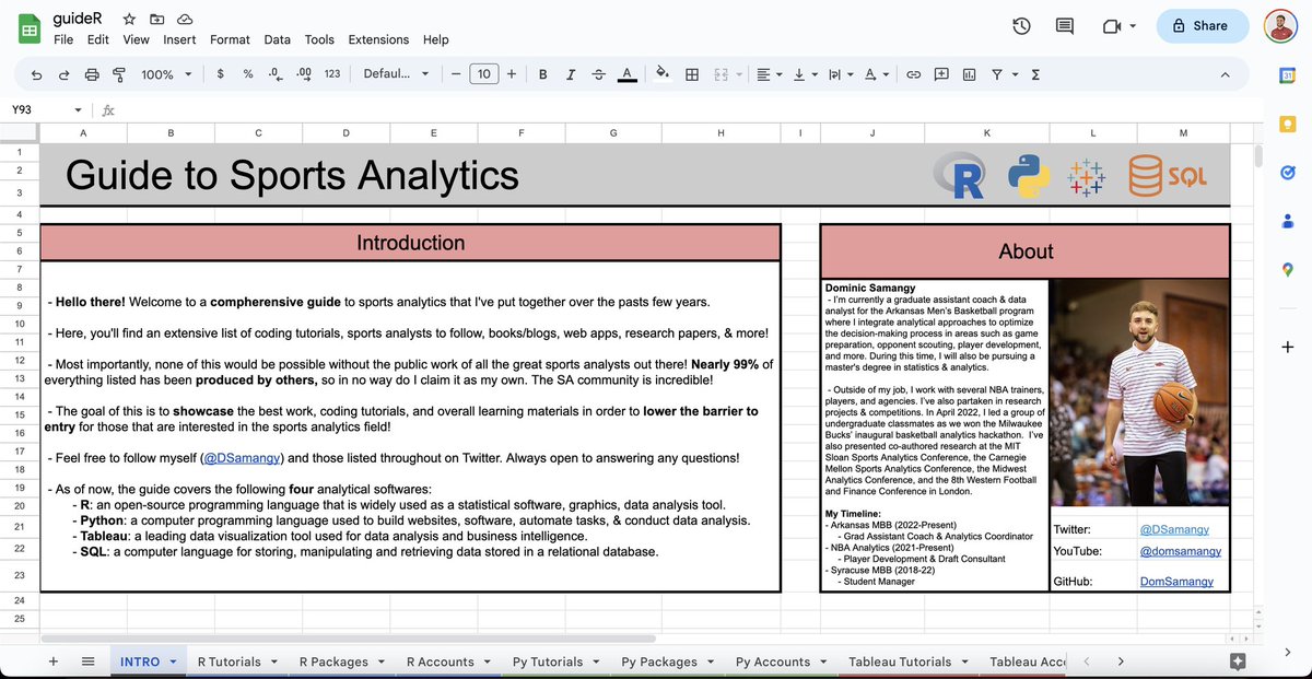 🚨 Guide to Sports Analytics 📊

New design &amp; we now cover 4! softwares in-depth (R, Python, Tableau, SQL). In total, links to 500+ tutorials, 250+ data sources, 125+ accounts to follow, 50 books, 40 cheatsheets, 40 papers &amp; more. All in ONE place!! ⬇️

docs.google.com/spreadsheets/u…