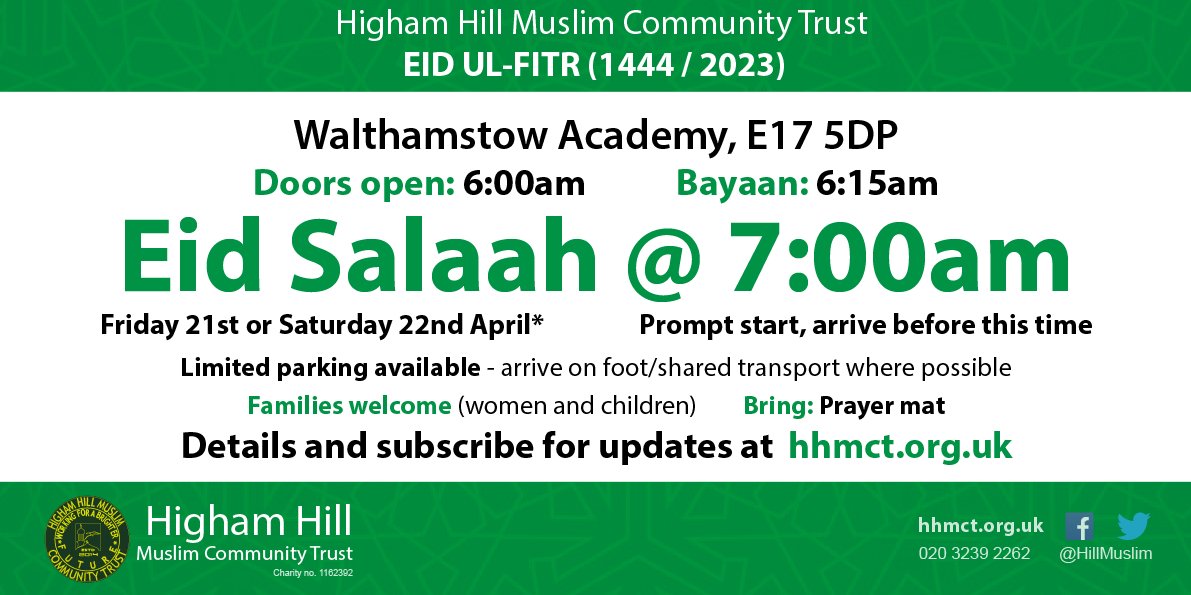 HillMuslim's tweet photo. We will be hosting Eid-ul-Fitr Salaah at Walthamstow Academy E17 5DP @ 7am on 21st or 22nd April*

✅ women and children are welcome
✅ bring your own prayer mat
✅ Fitrana: min £4 per person

*visit https://t.co/c1lnFCDSzI / our social media for confirmation of date on Thurs eve https://t.co/u5fe2MkheY
