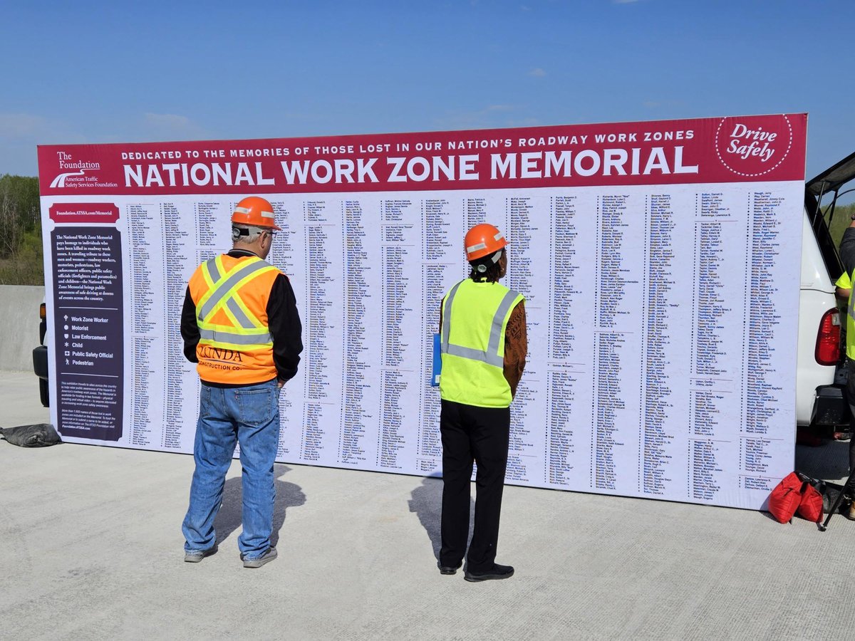 ATSSAHQ's tweet photo. @MoDOT hosted the National Work Zone Awareness Week kickoff event at the new I-70 bridge over the Missouri River near Rocheport. The presentation highlighted the importance of #workzone safety and paid tribute to lives lost. #NWZAW #TowardsZeroDeaths #ATSSA https://t.co/xymfTdgwBj