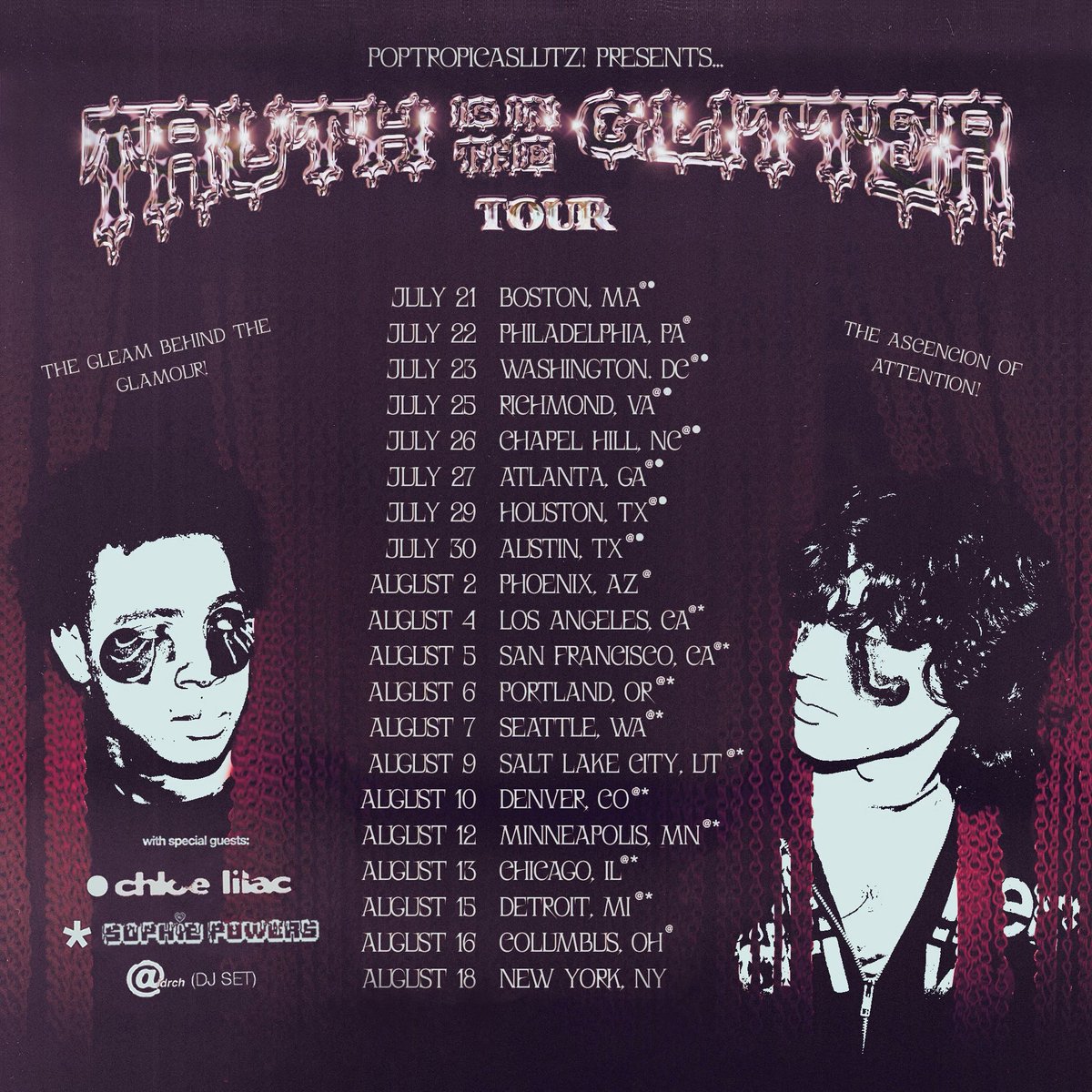 THE TRUTH IS IN THE GLITTER TOUR! GA+VIP to our first full US headliner go on sale friday at 10am EST. Attractions include - @chloelilac_ ! @sophiep0wers ! @hialdrch ! come see our makeup artist to get your glitter, stick a rumor on the gossip wall, and see the flying pigs!