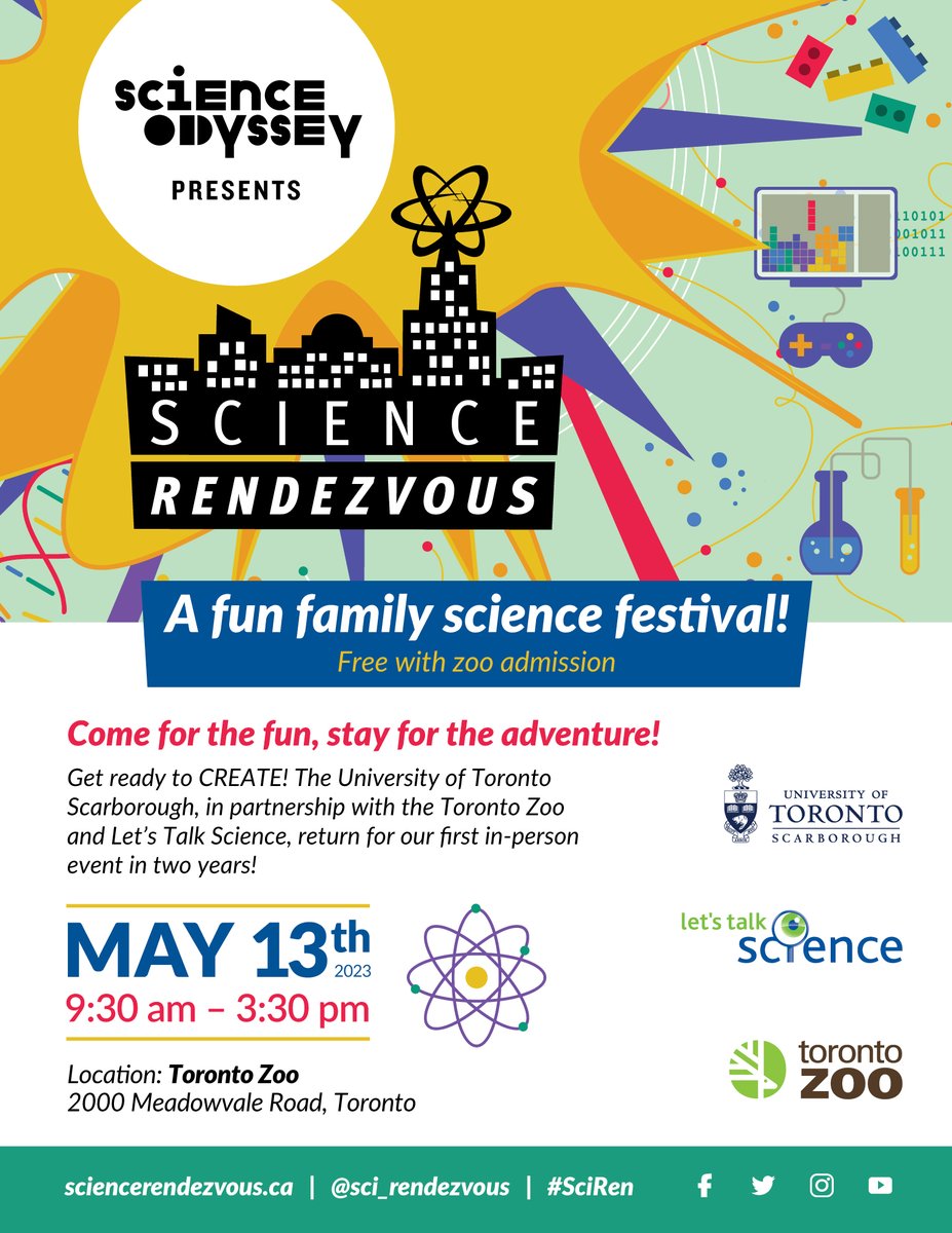 UTSCresearch's tweet photo. Save the date! 

Science Rendezvous returns May 13 from 9:30AM-3:30PM IN-PERSON at the Toronto Zoo! 

Participate in science activities presented by Let’s Talk Science and presentations from UTSC Faculty. Free with admission to the Toronto Zoo. 

More info coming soon... https://t.co/MfAGgclPFV