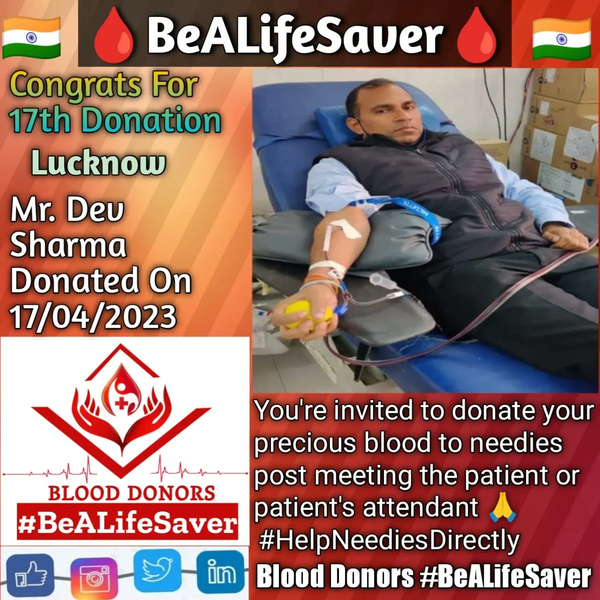BeALifeSaver1's tweet photo. #Lucknow #BeALifeSaver
#Kudos_Mr_Dev_Sharma_Ji
#HelpNeediesDirectly
Today's hero
Mr. #Dev_Sharma Ji donated blood in #Lucknow for the #17thTime for one of the needies. #Heartfelt #Gratitude and #Respect to Dev Sharma Ji for his blood donation for Patient admitted in Lucknow. https://t.co/rqrsfHN0ku