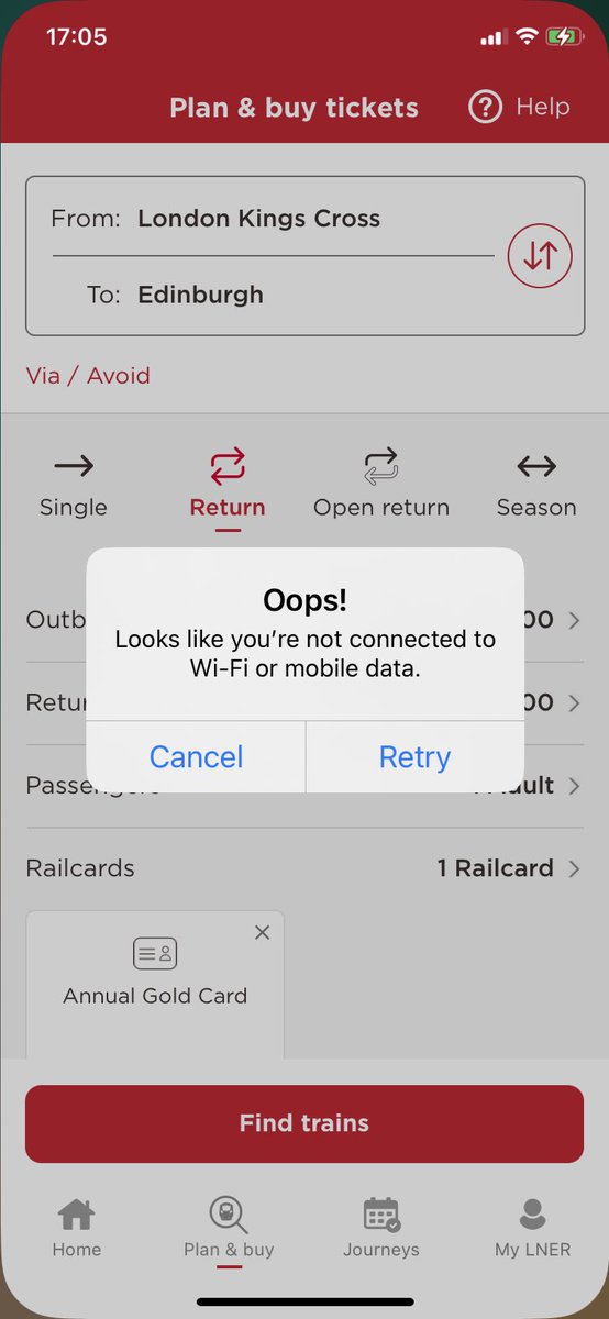 Meltome's tweet photo. @LNER  is there an issue, getting the following when trying to book tickets on ios 16. Have reinstalled app and still no joy. https://t.co/rT2yBgNEhM