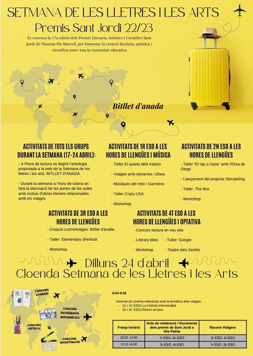 Ahir va arrencar la Setmana de les Lletres i les Arts, enguany dedicada als viatges. Aquí teniu  el cartell amb totes les activitats que el professorat de l'<a href="/INS_Pla_Marcell/">Institut Pla Marcell</a> ha preparat amb molt d'amor! #lletresiarts23. No us oblideu de reservar el vostre... BITLLET D'ANADA!