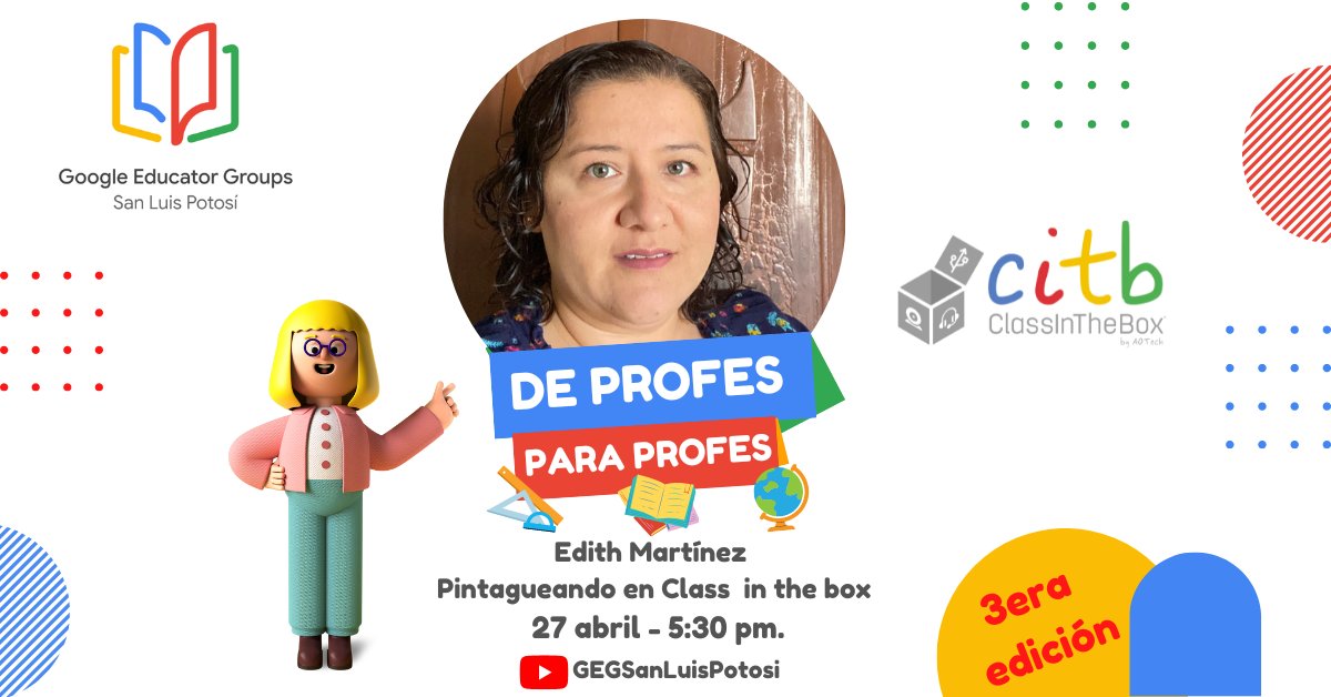 GEG_slp's tweet photo. Los esperamos en nuestra primera sesión #deProfesparaProfes acompañando a @EdithMtz09 embajadora de #ClassintheBox para que nos enseñe a crear videos transmedia!
No te lo pierdas!➡️https://t.co/00iujCawV0
#deprofesparaprofes #pintaguear ##citbREC📷 #geghispano #gegsanluispotosi https://t.co/mzhvRNksq9