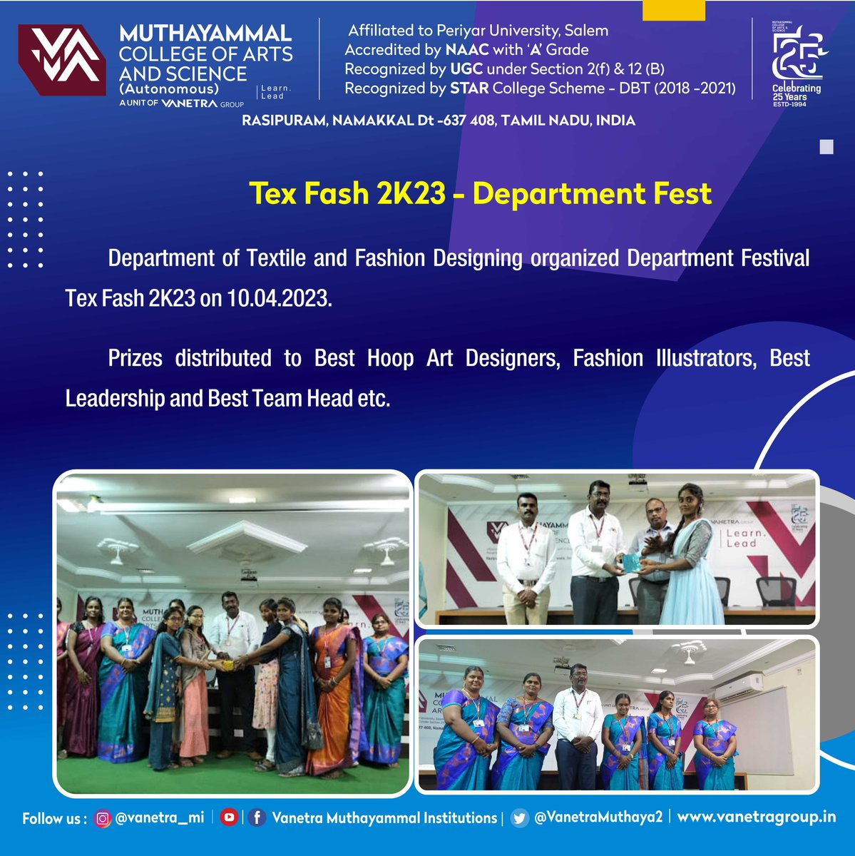 Department of Textile and Fashion Designing organised TEX FASH 2K23 - Department Fest on 10.04.2023.
#textile #textiles #textileart #textiledesign #textilepattern #textileprinting #TFD #tfd #fashion #fashionstyle #fashiontrends #fashiondesigner #fashionable #tex #texture #texfash