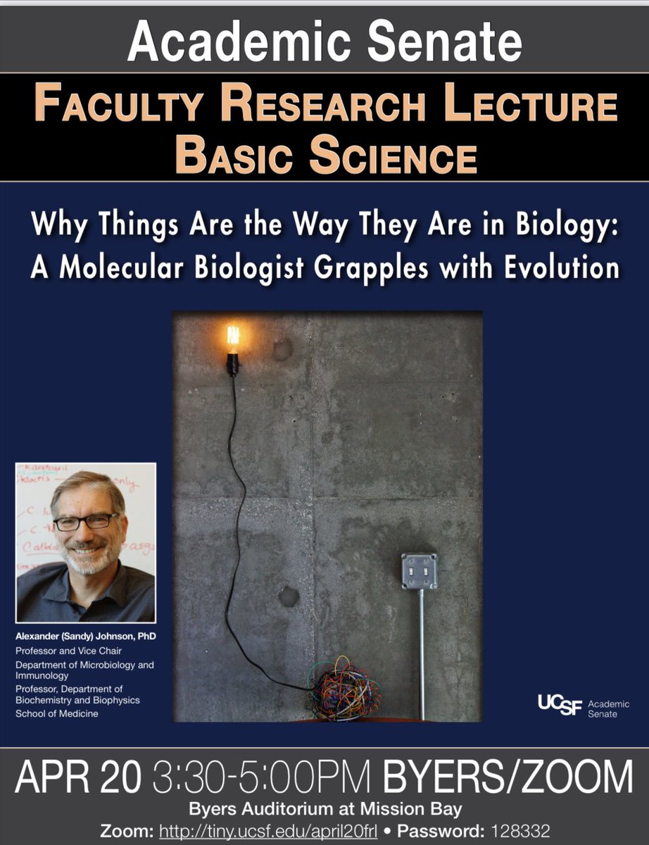 Join us for the Senate's Faculty Research Lecture in Basic Science, awarded to Dr. Alexander (Sandy) Johnson, PhD, for his work on the evolutionary mechanisms in gene regulation. Thursday, April 20, from 3:30-5 pm in Byers Auditorium at Mission Bay &amp; Zoom. senate.ucsf.edu/faculty-resear…