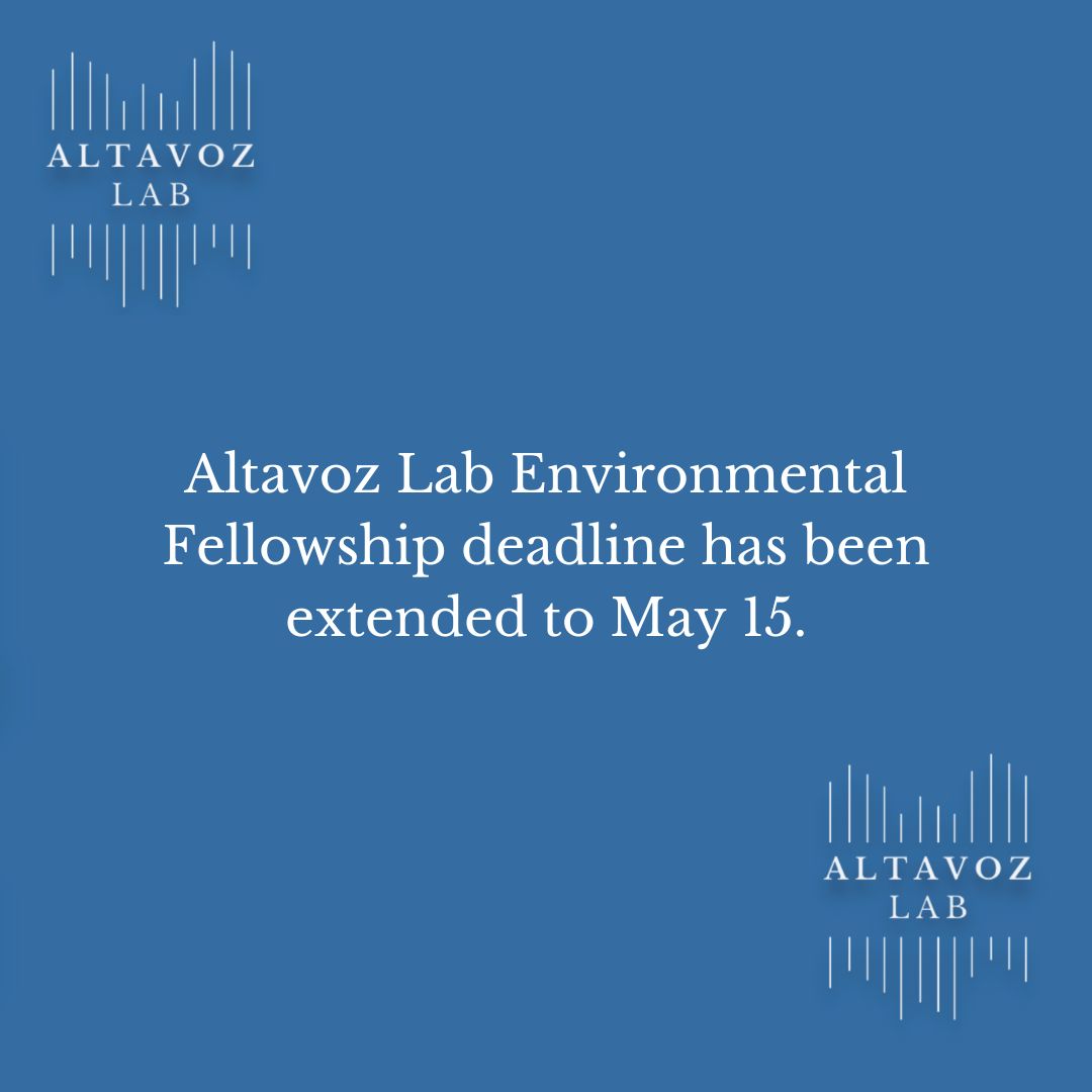 Altavoz Lab (@altavoz_lab) on Twitter photo GREAT NEWS. We're extending our deadline for the Altavoz Lab Environmental Fellowship to MAY 15. If you're bilingual in Texas, want to learn from mentor <a href="/Perla_Trevizo/">Perla Trevizo</a> and cover environmental issues with <a href="/EHNewsroom/">Environmental Health News</a> this is for you. Apply altavozlab.com GREAT NEWS. We're extending our deadline for the Altavoz Lab Environmental Fellowship to MAY 15. If you're bilingual in Texas, want to learn from mentor <a href="/Perla_Trevizo/">Perla Trevizo</a> and cover environmental issues with <a href="/EHNewsroom/">Environmental Health News</a> this is for you. Apply altavozlab.com