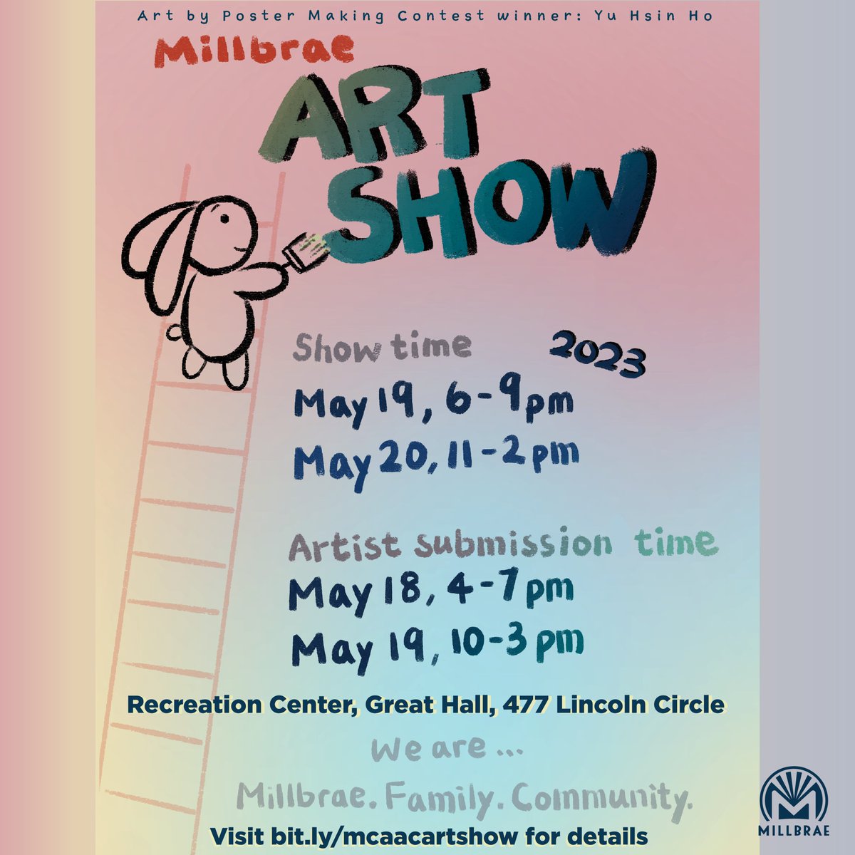 CityofMillbrae's tweet photo. Registration is now open for the 2023 Millbrae Art Show!
Go to https://t.co/dpUv0b8qs7 for more information and to enter!
#millbraeca #millbraeart #artshow https://t.co/MC13AUYOND