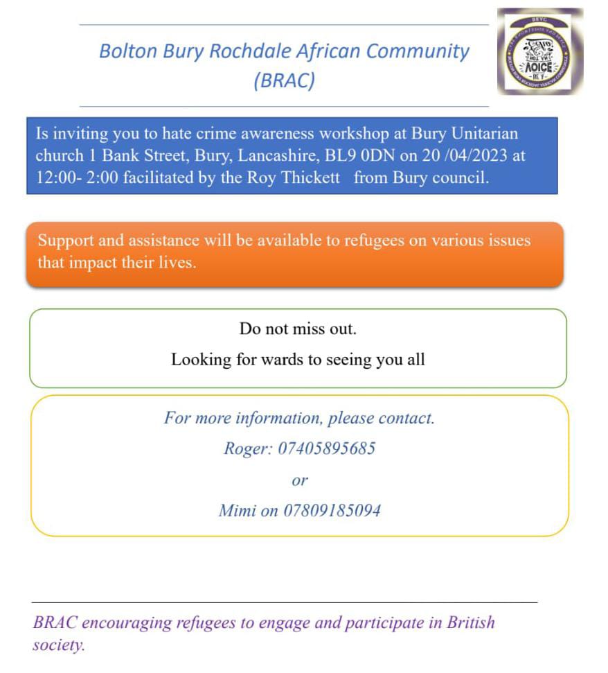 BuryBolton's tweet photo. Please welcome to  Hate Crime awareness workshop this coming Thursday. @BuryCouncil @BuryVCFA @GMPBuryNorth @Healthwatchbury https://t.co/colvmO3KdV