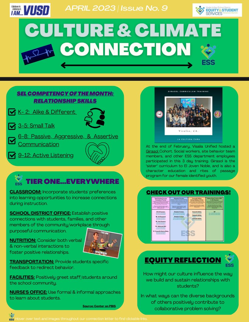 VUSDESS's tweet photo. 📝 Check out the April 2023 issue of our Equity & Student Services “Culture & Climate Connection”! 🔗
#VisaliaUSD #OneVisaliaConnected https://t.co/VDfKfrQDm6
