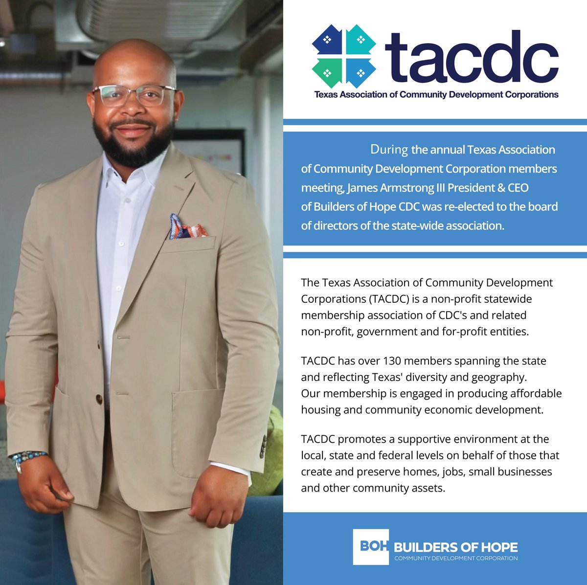 Congrats to our Chief <a href="/jarmstrongiii/">J. A. Armstrong III</a> on being re-elected to the board of directors of Texas Association of Community Development Corporations - a state wide association supporting community development corporations in Texas.