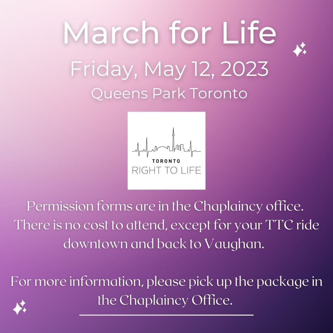 fbchaplaincy's tweet photo. If you are interested in attending the March for Life on Friday May 12, please pick up a permission form located outside the Chaplaincy office.  Take a look at the links in our bio for more information.
@TorontoMarch https://t.co/RPbPo6n0na