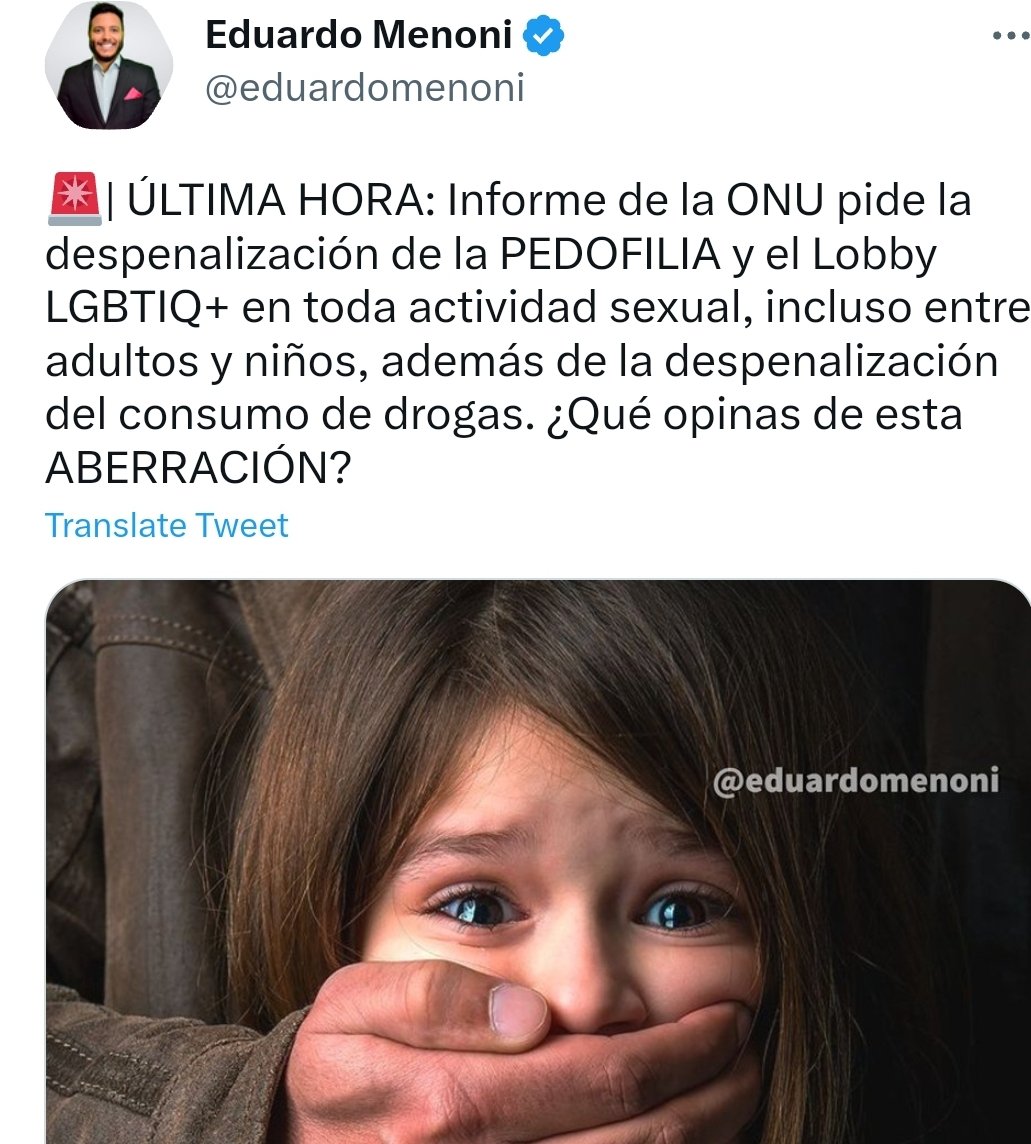paisencaos's tweet photo. ONU presenta informe nauseabundo blindando la pedofilia.
El primer presidente del mundo que mande al carajo a la ONU por este ataque a la civilización, pasará a la historia.
Trump sacó a USA de dos comisiones y le cortó fondos.
No tengo duda cual hubiese sido su reacción ahora. https://t.co/zkAmy7ovYo