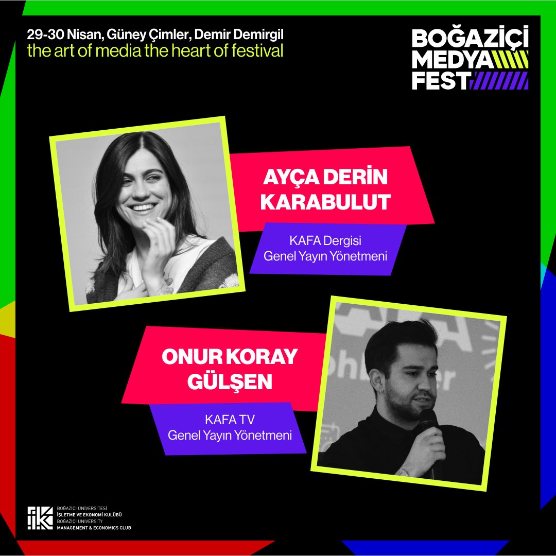 Boğaziçi MedyaFest’te KAFA Dergisi Genel Yayın Yönetmeni Ayça Derin Karabulut ve KAFA TV Genel Yayın Yönetmeni Onur Koray Gülşen de bizlerle birlikte olacak!🥳 

Medya sektörüne birçok farklı açıdan bakmanızı sağlayacak bu oturumu kaçırmayın!

29-30 Nisan’da Güney’de…😌