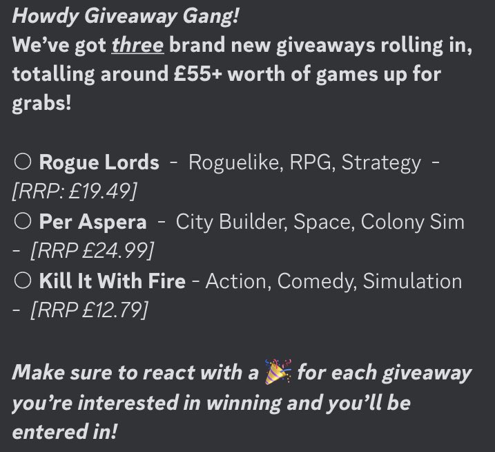 🎉 Heya guys! 🎉

There are three game codes up for grabs in the Discord this week, so make sure you don’t miss out on the fun! 

#discord | #smallstreamer | #twitchaffiliate | #giveaway | #gamegiveaway | #roguelords | #peraspera | #killitwithfire