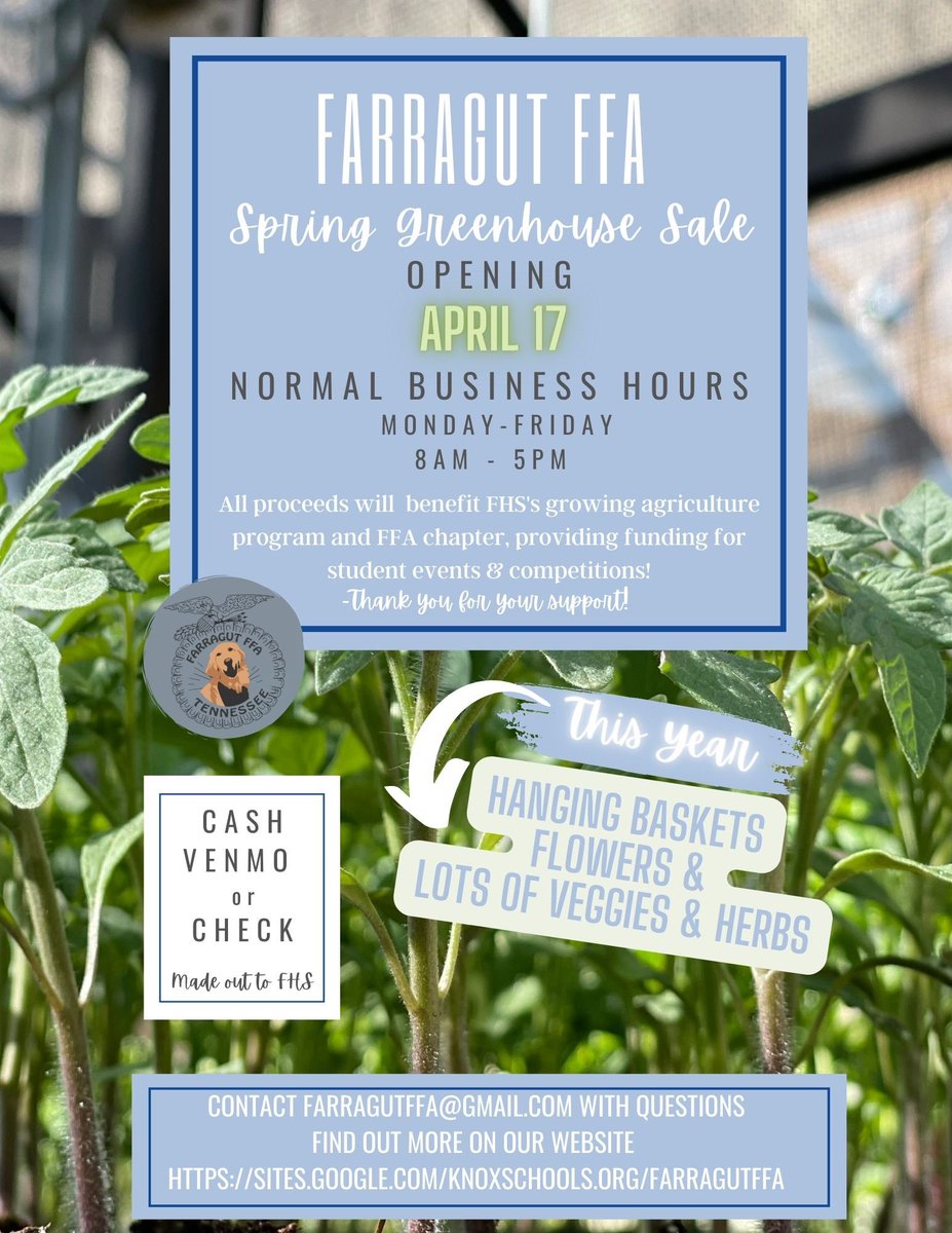 BecauseScience5's tweet photo. Our greenhouse sale is open to the public! We have hanging baskets, flowers, herbs and lots of veggies. Our agriculture students have worked so hard and the plants look great! All proceeds benefit our FHS agriculture program and FFA. https://t.co/i8Kk43Ng3b