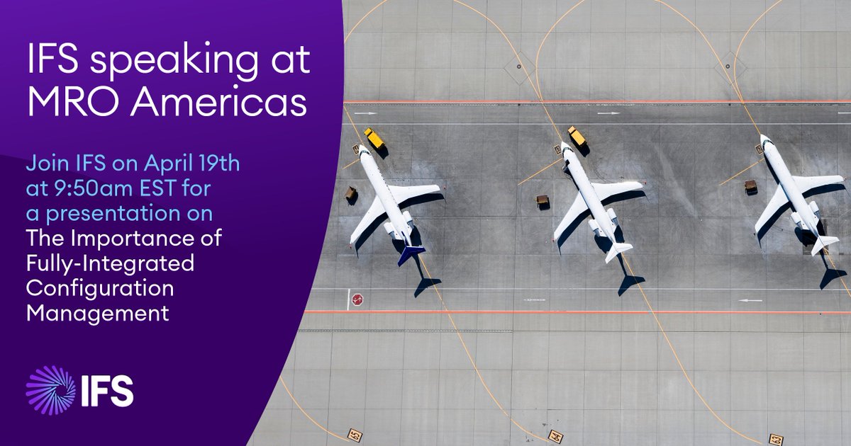 IFS_AD's tweet photo. Attending MRO Americas this week? Discover all you need to know about the critical importance of fully-integrated configuration management in #AvMRO—join the discussion with @IFS and a panel of industry experts 

#MROAM

https://t.co/a9dvRc7A00 https://t.co/awm2OBra98