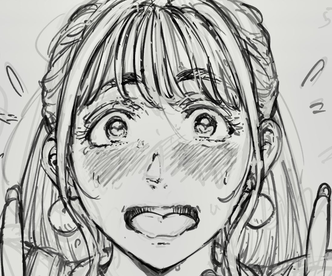 下書き中。顔作画は本当に繊細だなと思う🧐
①→なんか目が高すぎ&amp;寄り目で大人すぎる気がした
②→目の位置を直した後、触覚が可愛さの邪魔な気がした
③輪郭がハッキリして可愛くなった気がする 