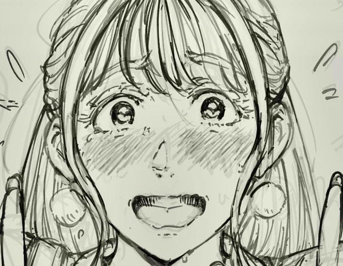 下書き中。顔作画は本当に繊細だなと思う🧐
①→なんか目が高すぎ&amp;寄り目で大人すぎる気がした
②→目の位置を直した後、触覚が可愛さの邪魔な気がした
③輪郭がハッキリして可愛くなった気がする 