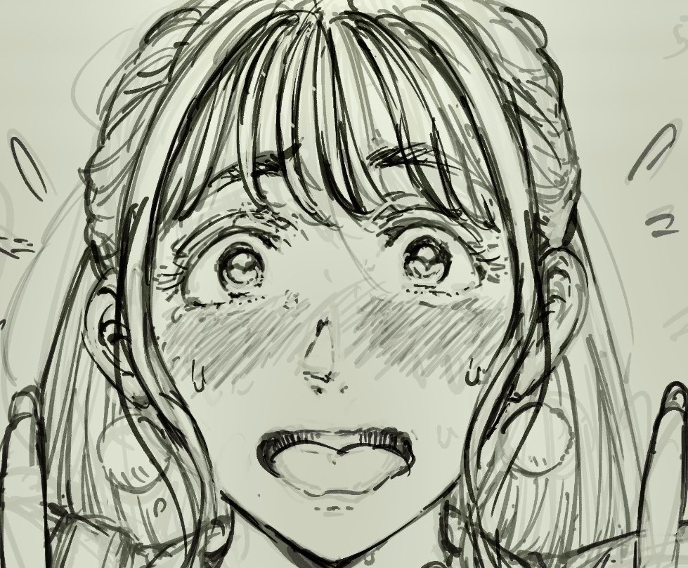 下書き中。顔作画は本当に繊細だなと思う🧐
①→なんか目が高すぎ&amp;寄り目で大人すぎる気がした
②→目の位置を直した後、触覚が可愛さの邪魔な気がした
③輪郭がハッキリして可愛くなった気がする 