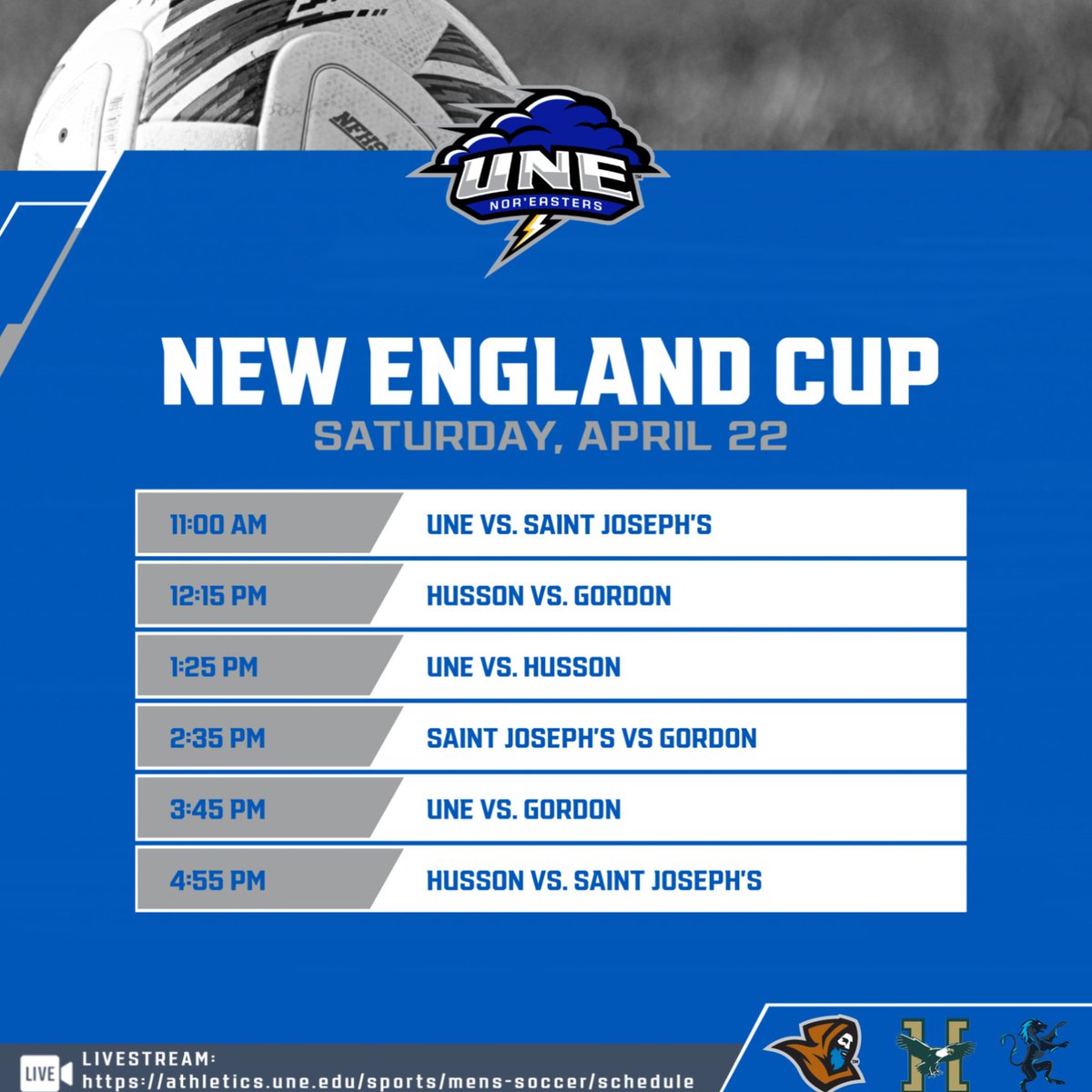 Join us at Blue Storm Stadium on Saturday for the New England Cup. The Nor'easters will be hosting St. Joseph's, Husson, and Gordon in an all-day event beginning at 11 a.m.! Watch live at athletics.une.edu/msoc_watch #GoNoreasters #d3msoc #MaineSoccer