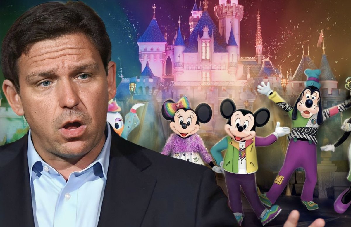 CalltoActivism's tweet photo. BREAKING: Disney trolls Ron DeSantis AGAIN. 

MINUTES after his press conference where DeSantis suggested he was considering building a state 
prison next to Disney Land, Disney tweeted about its PRIDE event. 

“The first-ever Disneyland After Dark: Pride Nite is coming to Disney Land,” Disney tweeted at 2:30pm. 

Disney has previously said it views DeSantis attacks as retribution for the company’s public stance AGAINST DeSantis anti-LGBTQ+ policies. 

DON’T MESS WITH MICKEY!