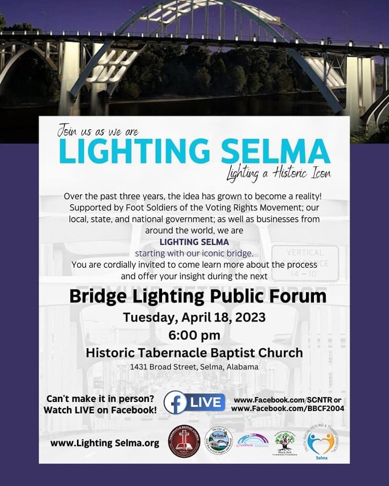 Don't miss out on your chance to learn about the process!! We will light our iconic bridge...and we need you! Why does it matter? When we light our bridge, we create economic opportunity and give people a reason to stay overnight in our great city. It's our time to shine Selma!