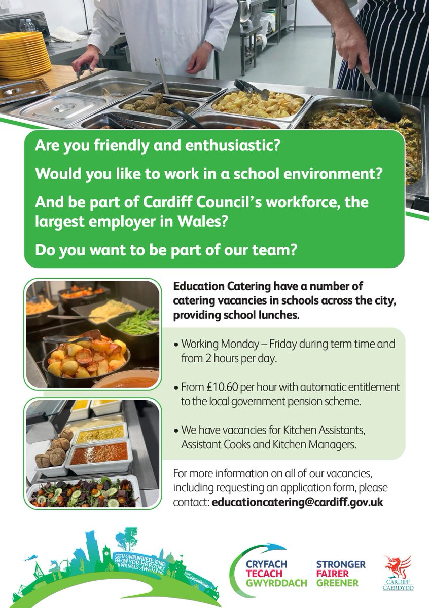 Cardiffschmeals's tweet photo. We are recruiting! We have vacancies for Kitchen Assistants, Assistant Cooks and Kitchen Managers in Primary Schools across the city.  Please get in touch EducationCatering@cardiff.gov.uk
for more information. #schoolmeals #UPFSM https://t.co/aHX5cOWujq