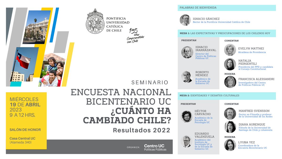 cppublicasuc's tweet photo. MAÑANA a las 9 hrs. te invitamos a la presentación de resultados de la #EncuestaBicentenarioUC 2022: ¿Cuánto ha cambiado Chile? con #RectorUC @Ignacio_Irarraz @robertomendez @evelynmatthei @natapiergentili @SvenssonManfred @DAurenque @lyubayez. Inscríbete: https://t.co/gOhd9LgvBq https://t.co/ezoBansMRO