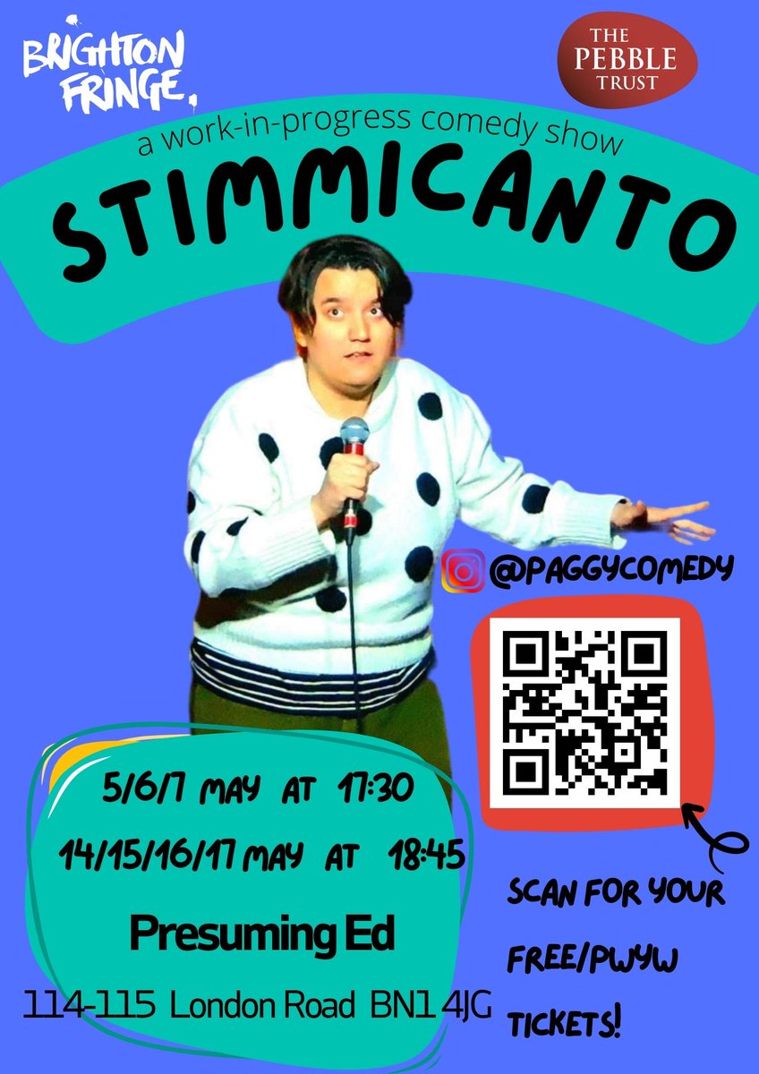 paggycomedy's tweet photo. My @brightonfringe bursary-winning #WIP show is on! Come and see an offbeat comedy show all about being #ActuallyAutistic 

Thank you to the @PebbleTrust for believing in the vision of this project!

#Neurodivergent #AutismAcceptanceMonth 
#JourneyIntoFringe https://t.co/IwfbfHERP1