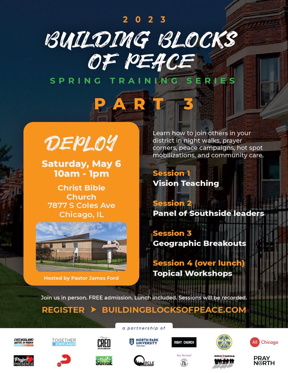 Don't miss the 3rd and final #BuildingBlocksofPeace event, our Spring training seasonal rhythm.

Register and join us on Sat, May 6 on the Southside:
buildingblocksofpeace.com 

#faithinaction #makepeacehappen #chicago