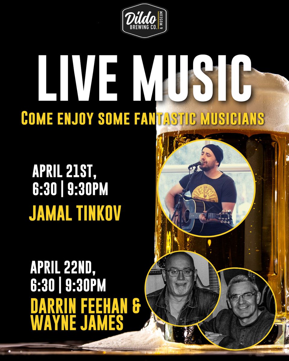 DildoBrewingCo's tweet photo. Get ready for a weekend full of soulful tunes and good vibes! 🎶

Join us this Friday, April 21st from 6:30 - 9:30 PM for a live performance by Jamal Tinkov, followed by an electrifying show on Saturday, April 22nd featuring Darrin Feehan &amp; Wayne James. 🎸🎤 https://t.co/XFmH4oGCdJ